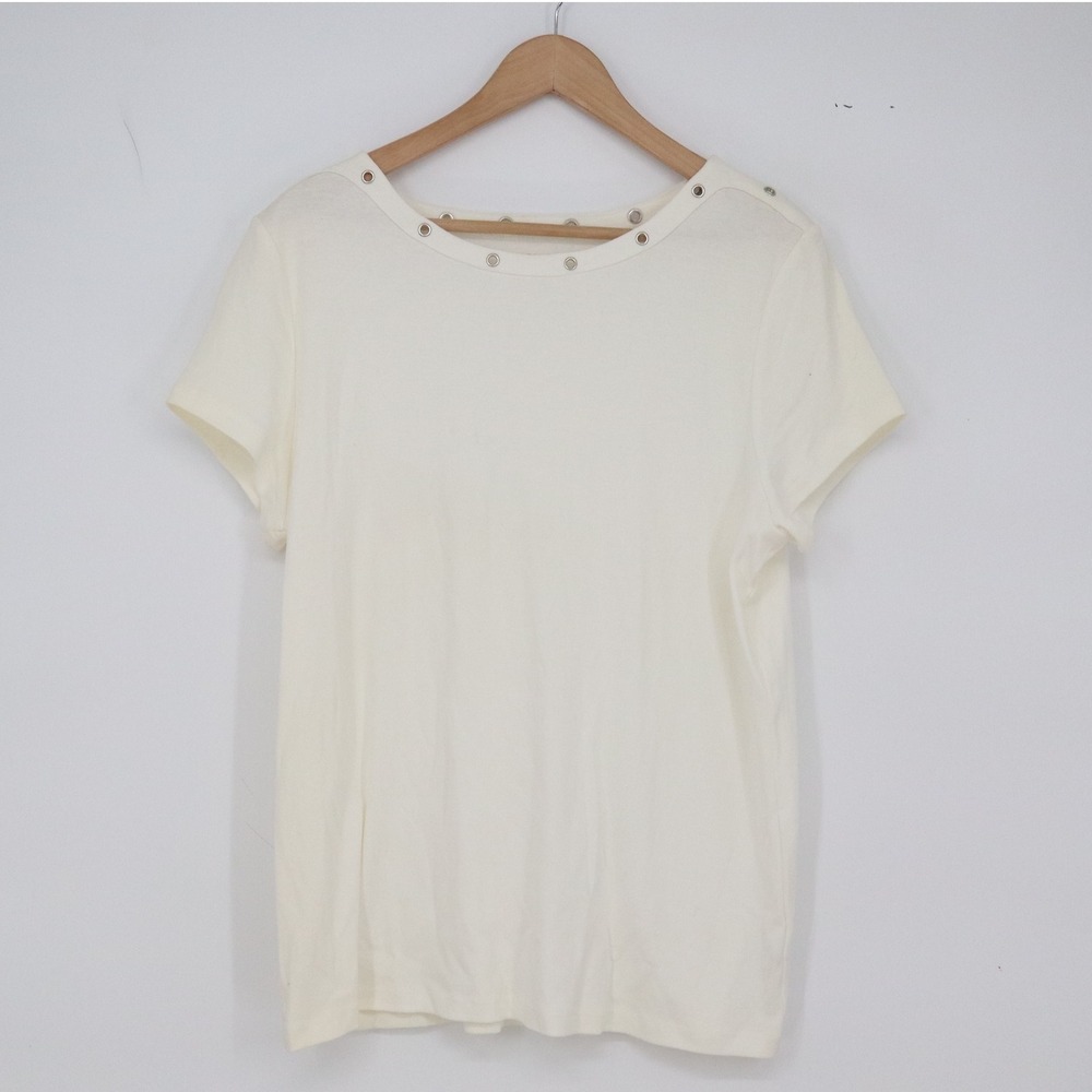Preswick & Moore T-Shirt Womens XL Grommet Neck Ivory Short Sleeve Excellent